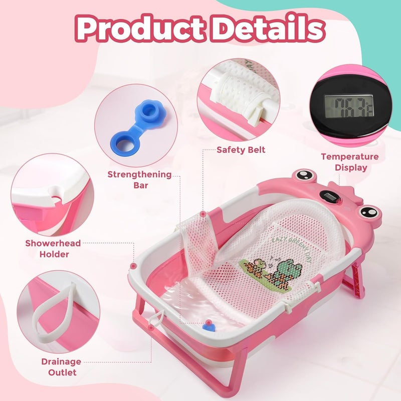 TBHAPY Baby Bathtub,Collapsible Baby Bath Tub with Soft Cushion & Thermometer, Space Saving Foldable & Travel Newborn Bathtub for Infant to Toddler 0-36 Months, Frog Beige - Image 5